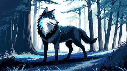Wolf in the woods - cartoon lanscape illustration 