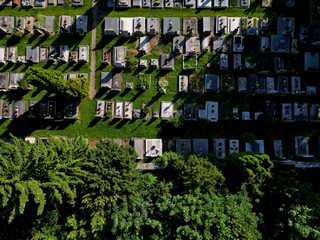 drone view of the forest cemetery. view from above. burial capacity in the city. stonework and the...