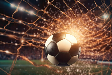 Fototapeta premium Soccer ball hit the net, goal, in stadium light, supporters in the background