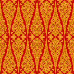 Fototapeta na wymiar Thai ikat seamless pattern on red background, thai pattern temple, Gold thai art, Buddhism temple element, and background