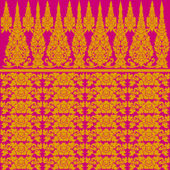 Thai ikat seamless pattern on pink background, thai pattern temple, Gold thai art, Buddhism temple element, and background