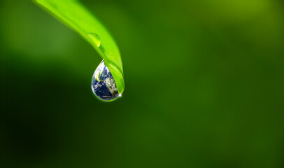 world water day. a globe in the shape of a drop of water falling onto the green leaf. Elements of this image furnished by NASA