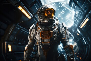  A seasoned scifi space explorer clad in an advanced, generative artificial intelligence