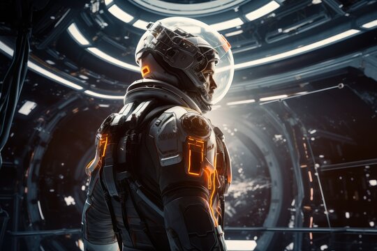  A seasoned scifi space explorer clad in an advanced, generative artificial intelligence