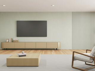 3d rendering of modern living room with television screen and wooden cabinet on white wall.