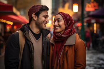 Obraz premium In a heartwarming scene a beautiful smiling Muslim woman, generative artificial intelligence