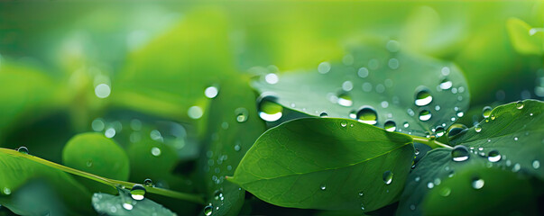 Morning dew on green leaves. Water drops in beautiful nature.
