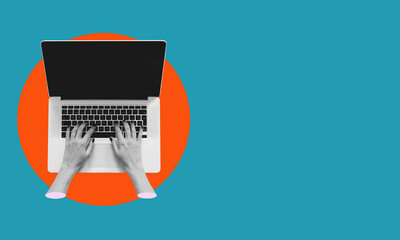 Contemporary art collage. Man's hands typing on a laptop, working with financial analytics, growing virtual money.
