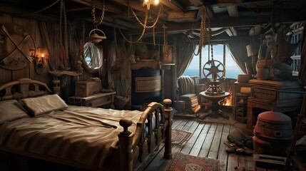 The rustic yet commanding cabin of a pirate ship's captain, filled with maritime intrigue. Generative AI