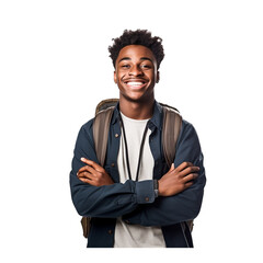 cute black student Successful smile on transparent background (png).