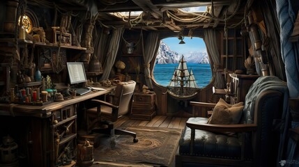 Fototapeta na wymiar The rustic yet commanding cabin of a pirate ship's captain, filled with maritime intrigue. Generative AI