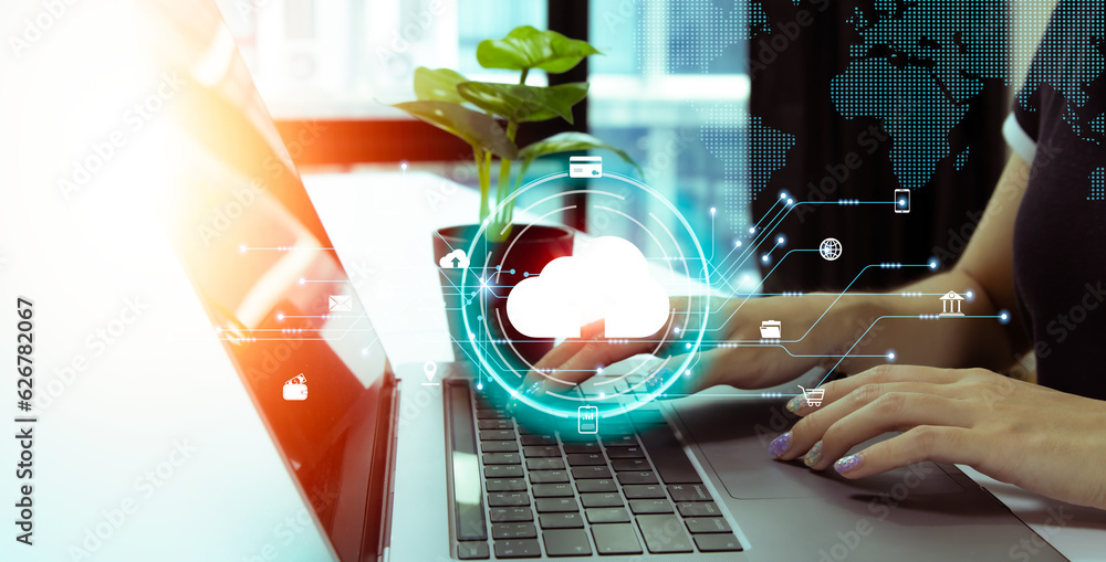 Poster woman use laptop with cloud computing. cloud technology. data storage. networking and internet servi
