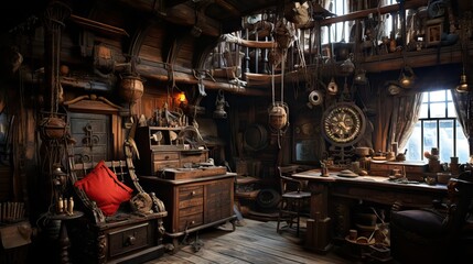 Fototapeta na wymiar The rustic yet commanding cabin of a pirate ship's captain, filled with maritime intrigue. Generative AI