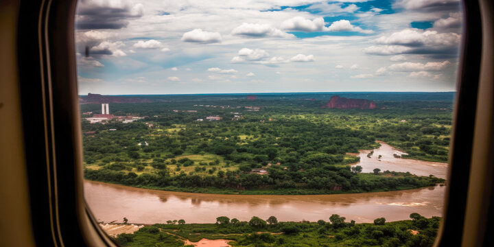 Airplane seat with a great view from the window - Generative AI