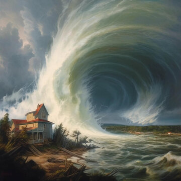 A Painting of a Tidal Wave in a Rural Area