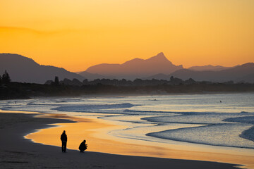 Sunset beach views across Main Beach in Byron Bay, New South Wales, Eastern Australia