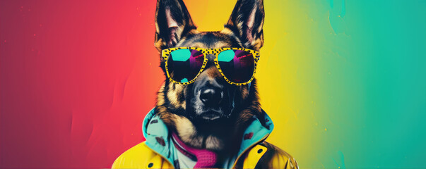 Cool looking  dog wearing funky fashion, tie, glasses. wide banner