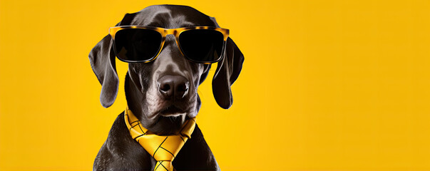 Cool looking dog wearing funky fashion dress - jacket, tie, glasses. Wide yellow banner with space for text.
