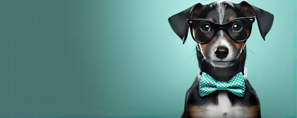 Smart or cool dog in glasses. Funny lovely pet concept. colorful vivid background, - obrazy, fototapety, plakaty