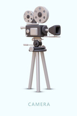 Obraz premium Realistic video camera on tripod. Retro equipment with films on reels. Vertical poster with space for text. Advertising of services of operator, studio. Concept for cinema site