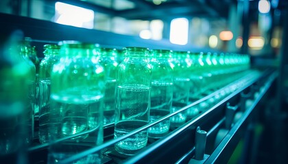 Conveyor Belt in Factory with Empty Bottles, Industrial Manufacturing Background, Generative AI