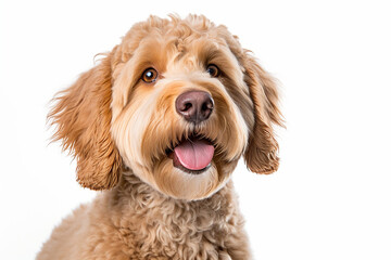 portrait of a Goldendoodle Dog with white background
