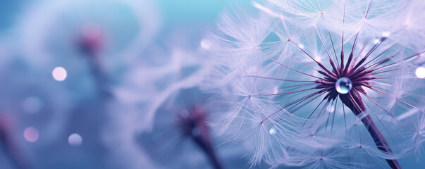 Beautiful dew drops on dandelion plant, blue violet color background.