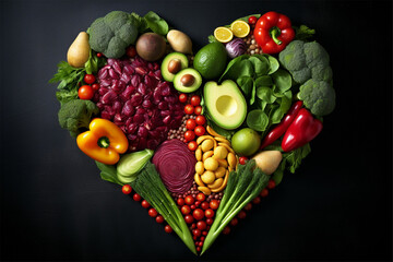 Heart shaped fruits and vegetables. Generative AI.