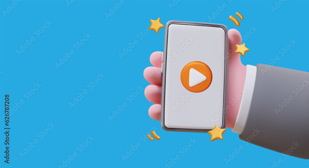 Aufkleber 3d hand holding smartphone with play button on screen. symbol of start, beginning. activation of pro