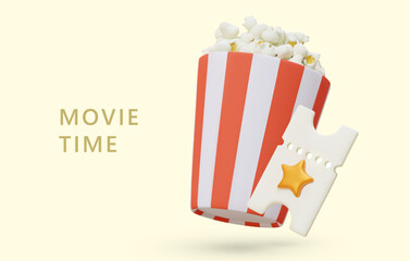 Movie time. Realistic round striped bucket with popcorn, ticket with golden star. Pleasant leisure time with delicious snacks. Color advertising banner with text