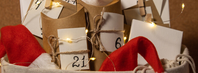 Original Advent Calendar for Christmas Homemade. Preparation to Christmas concept. Family winter...