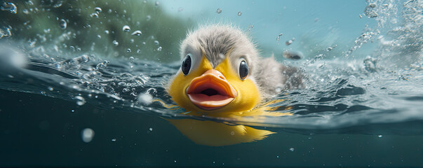Photo of rubber duck swimming in clear blue water.