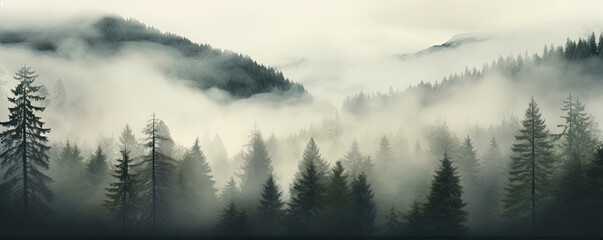 Fototapeta na wymiar Misty foggy mountain with green forest and copyspace for your text.