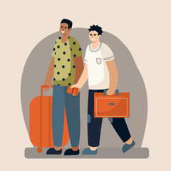 Men and women at airport ready to travel aboard. Multicultural cartoon tourists with trolley bags and suitcases waiting to board plane. Flat vector illustration in warm colors