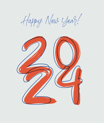 Happy new year 2024 hand drawn minimalistic poster design, vector illustration