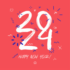 Happy new year 2024 hand drawn minimalistic poster design, vector illustration