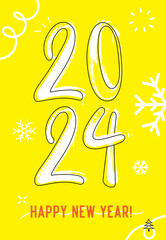 Happy new year 2024 hand drawn minimalistic poster design, vector illustration