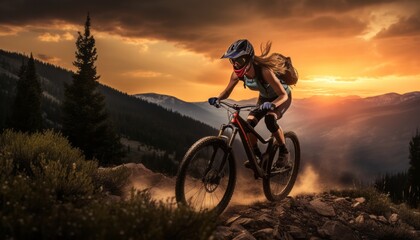 Adventurous Woman Riding Mountain Bike in Majestic Sunset Mountains, Generative AI
