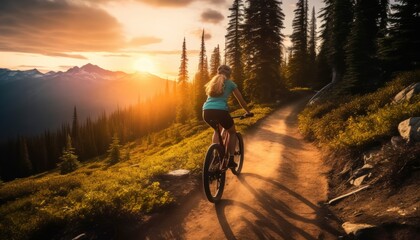 Fototapeta premium Adventurous Woman Riding Mountain Bike in Majestic Sunset Mountains, Generative AI