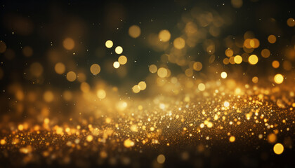 Abstract Black Gold Bokeh Light Background with Golden Gift Box and Festive Elements, Top View, Copy Space, Generative AI