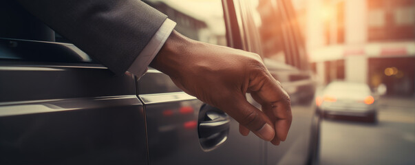Detail or close up of man hand opening a car door handle. backlight  photo.