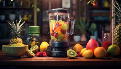 Fototapeta na wymiar Colorful Fruit Blender with Fresh Fruits and Vibrant Kitchen Decor, Top View, Copy Space, Generative AI