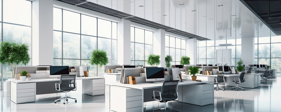View of white and black open space office interior with computers on tables - Powered by Adobe