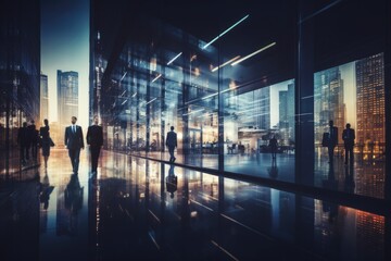 Fototapeta na wymiar Blurred business people walking at modern office. generative ai