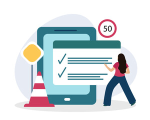 Woman looking at road signs and answers questions, passing test. Learning and getting driving license concept. Flat vector illustration in cartoon style