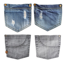 Set of ripped jeans pocket of indigo color and denim pocket of grey color. Isolated on white...