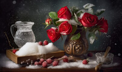 Magical winter bouquet: vintage red roses in a fantasy setting