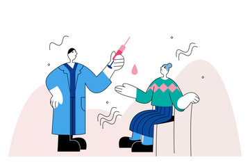 Fototapeta premium Professional male holding syringe and vaccinates patient. Disease protection for adults and children. Protection from coronavirus outbreak. Time to get vaccinated. Vector flat illustration