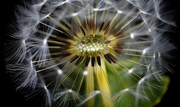 Extreme close-up of a dandelion seed head with individual seeds visible.