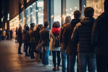 shoppers lined up outside a store before it opens on Black Friday. Created with generative AI technology.